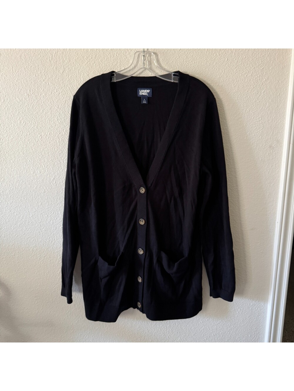 Lands' End Cotton Black Cardigan Women's L, V-Neck Button Up Twee Preppy Hipster